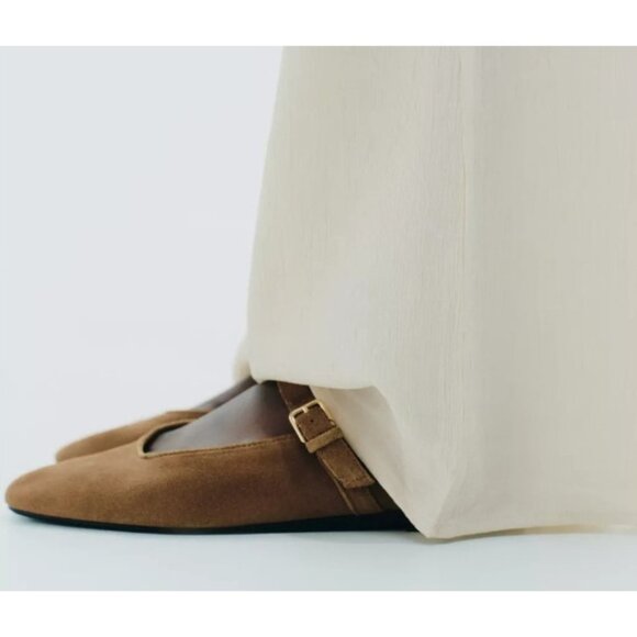 ZARA Women’s Suede Mary Jane Flats Brown Tan Ballet Shoes Size 40 Buckle Strap - Picture 11 of 14